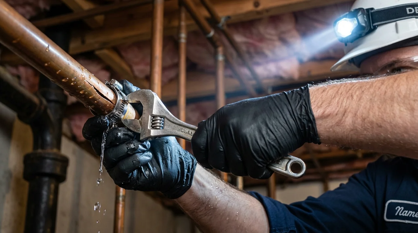 Emergency pipe clamp repair being performed by a Johns Plumbing LLC plumber in Overland Park