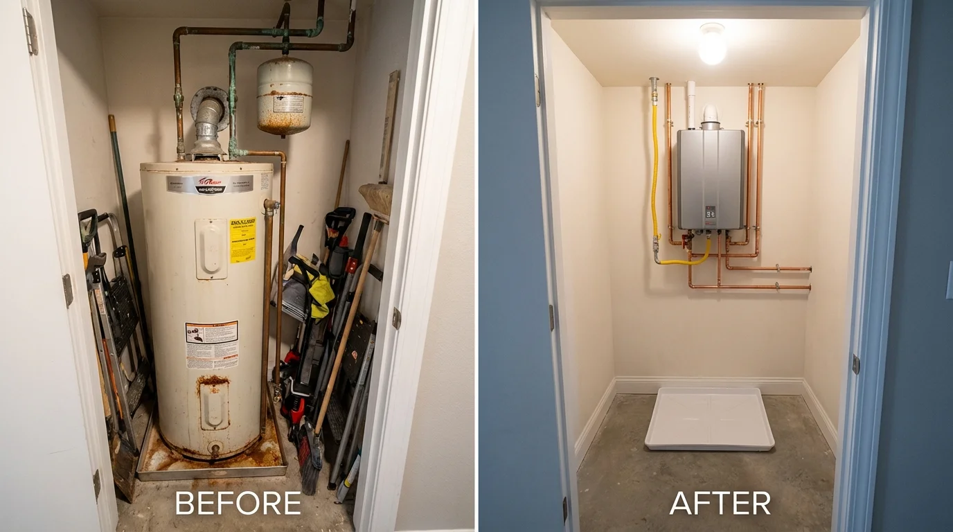 Tank water heater versus wall-mounted tankless unit comparison for Overland Park, KS homeowners