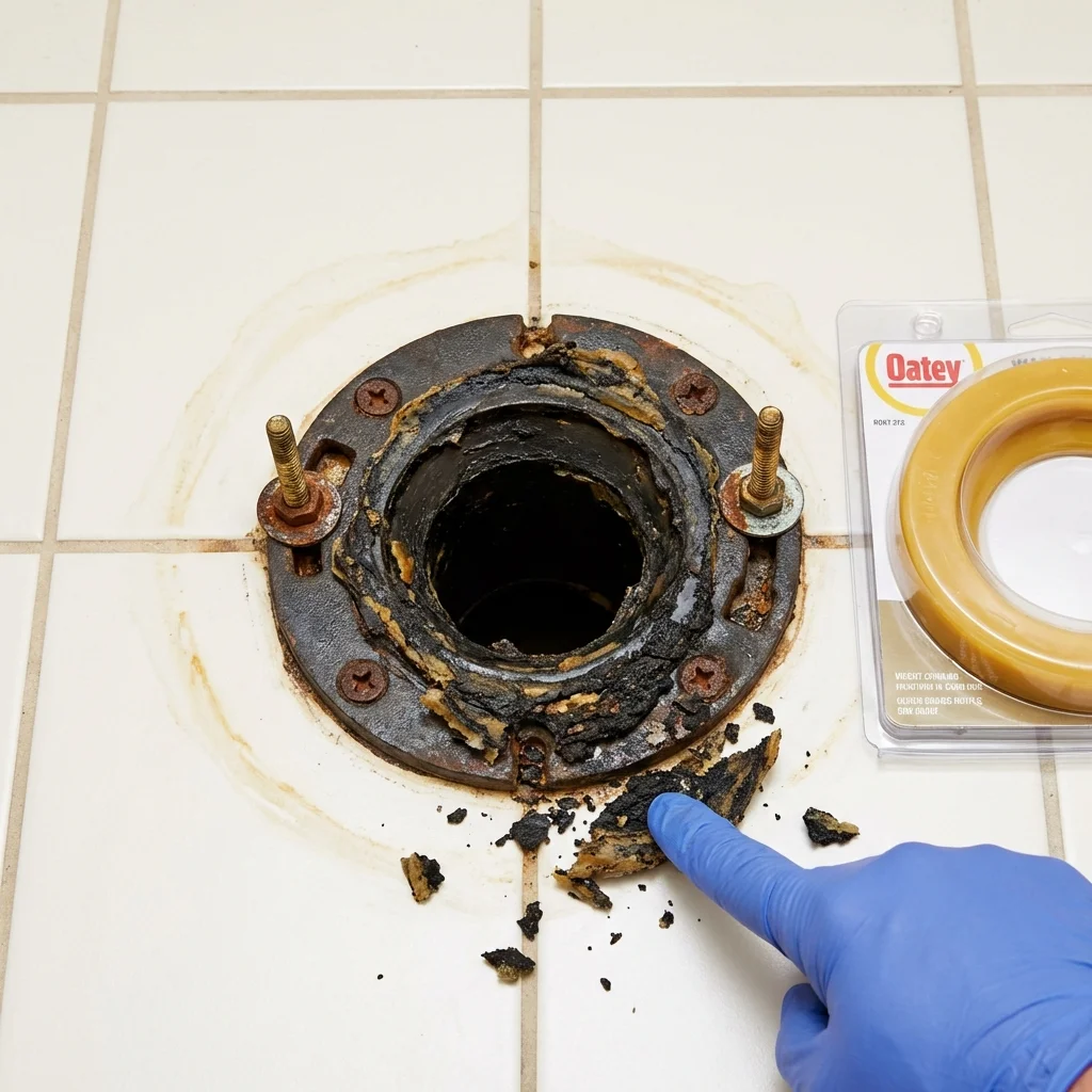 Failed wax ring showing water seepage at the base of a toilet in a Overland Park, KS home