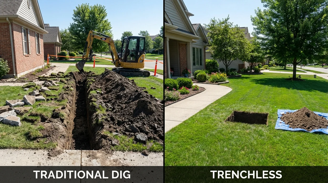 Trenchless sewer repair with minimal yard damage versus traditional excavation in Overland Park, KS