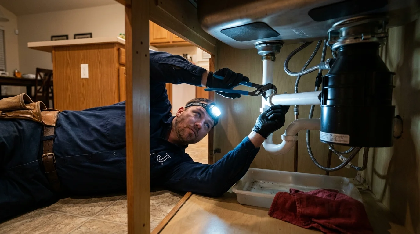 P-trap and supply line connections under a kitchen sink showing a common leak point in Overland Park, KS